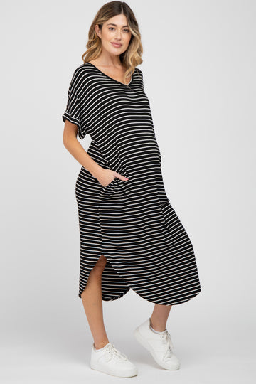Black Striped Ribbed Curved Hem Maternity Midi Dress