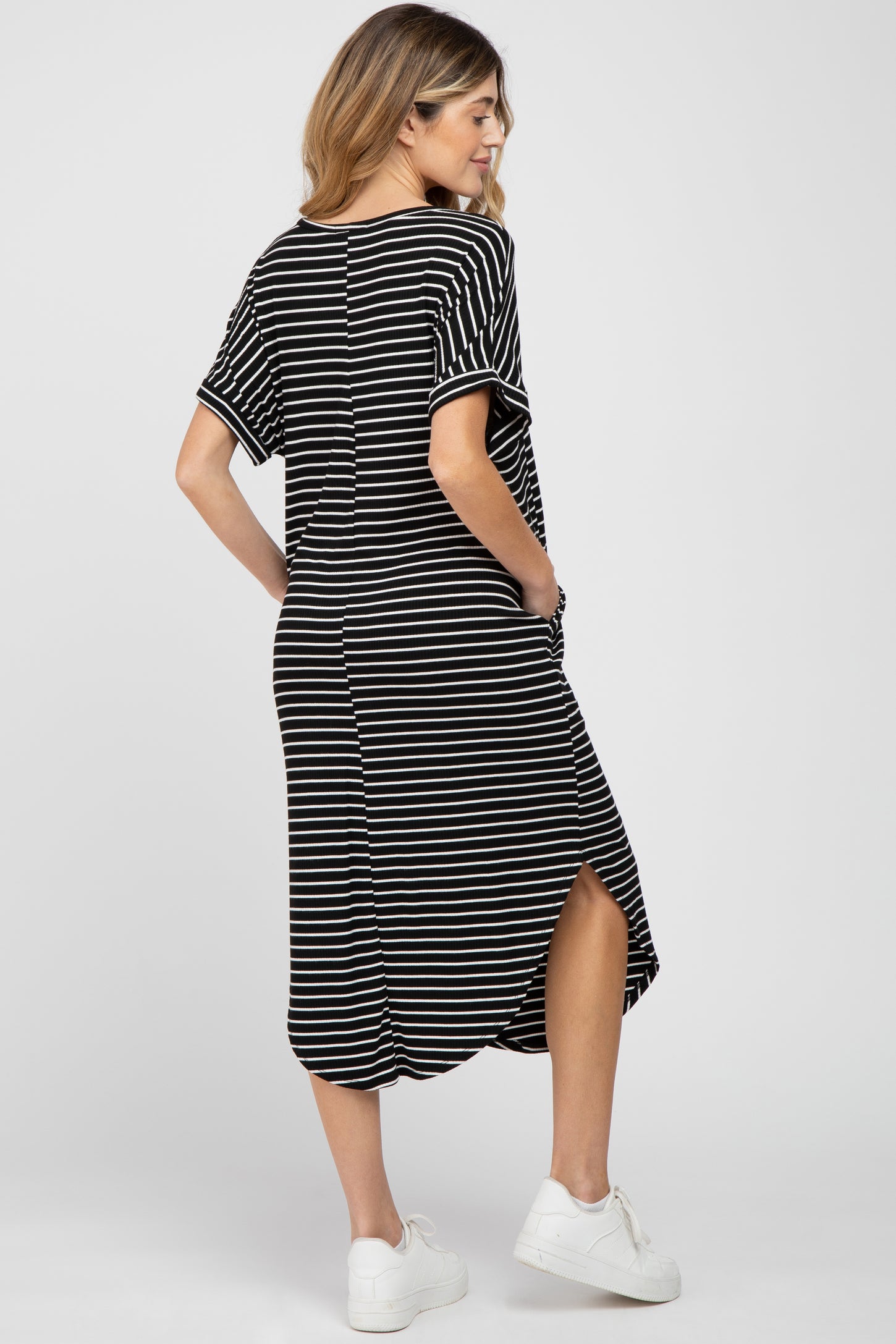 Black Striped Ribbed Curved Hem Maternity Midi Dress