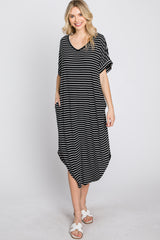 Black Striped Ribbed Curved Hem Midi Dress