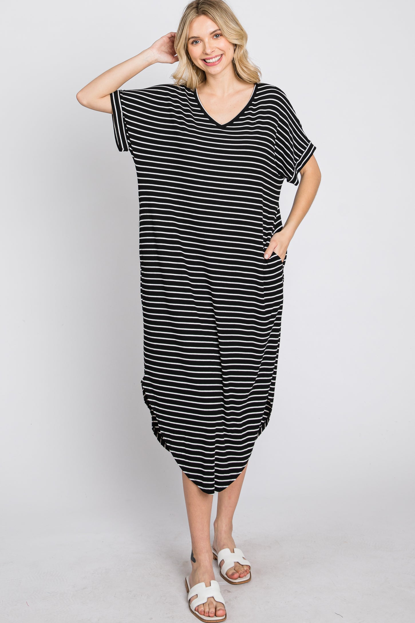 Black Striped Ribbed Curved Hem Midi Dress