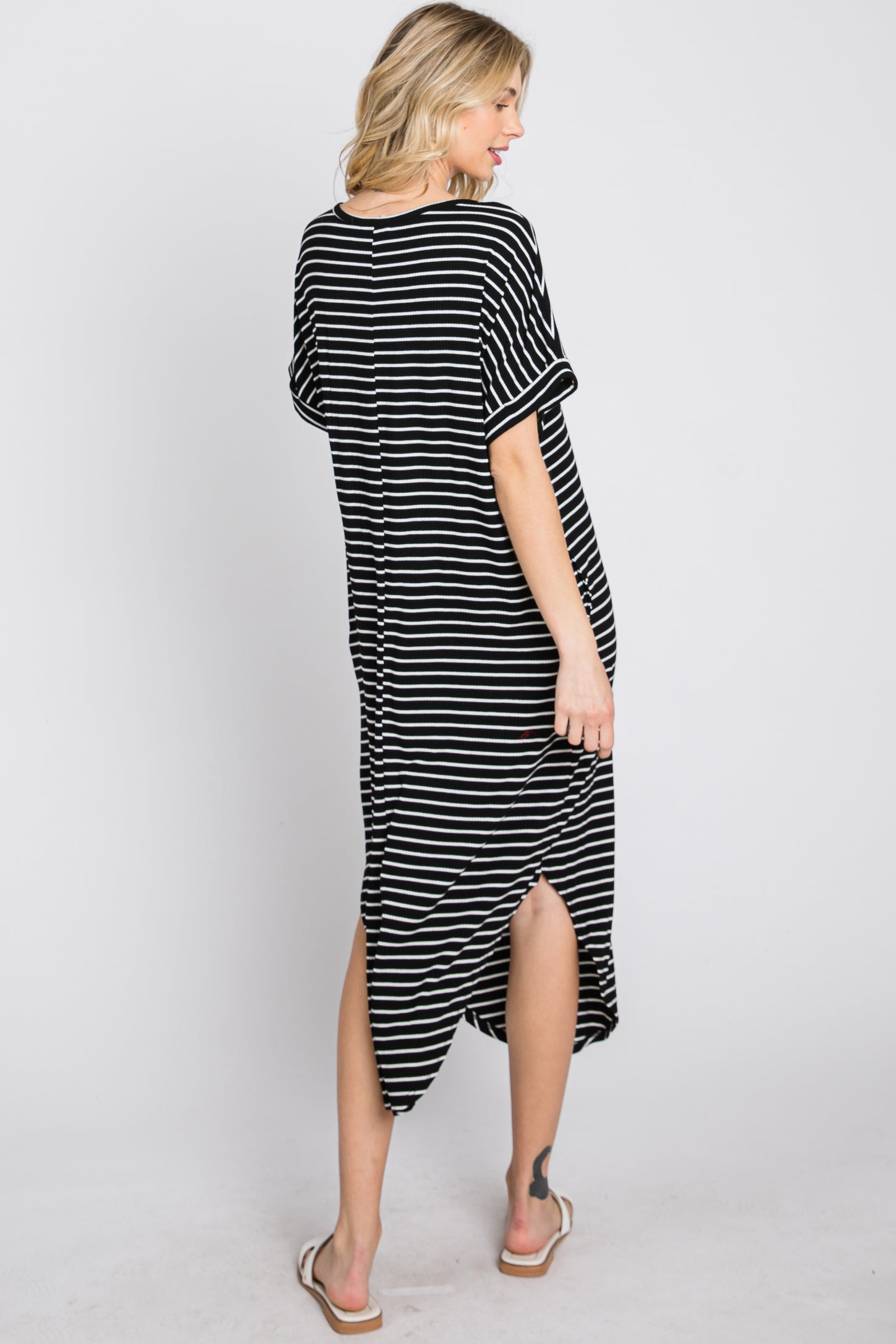Black Striped Ribbed Curved Hem Midi Dress