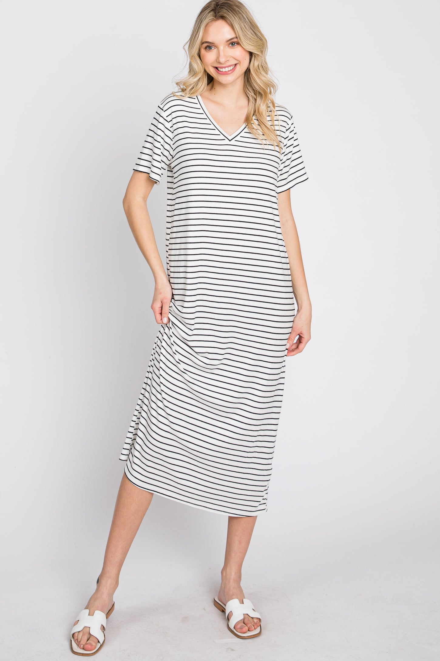 Ivory Striped Ribbed Midi Dress
