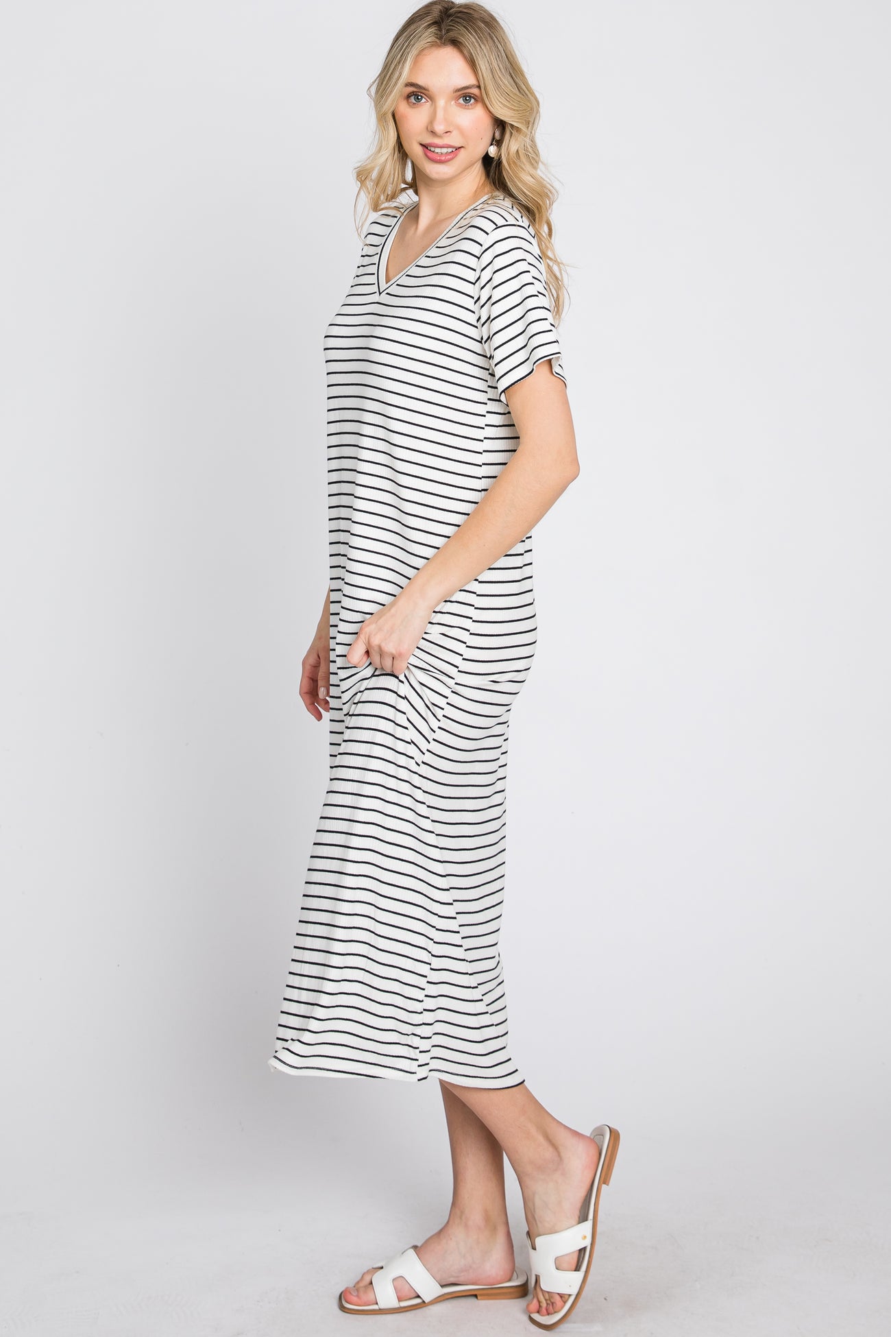 Ivory Striped Ribbed Midi Dress