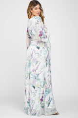 White Floral Chiffon Long Sleeve Pleated Maternity Maxi Dress