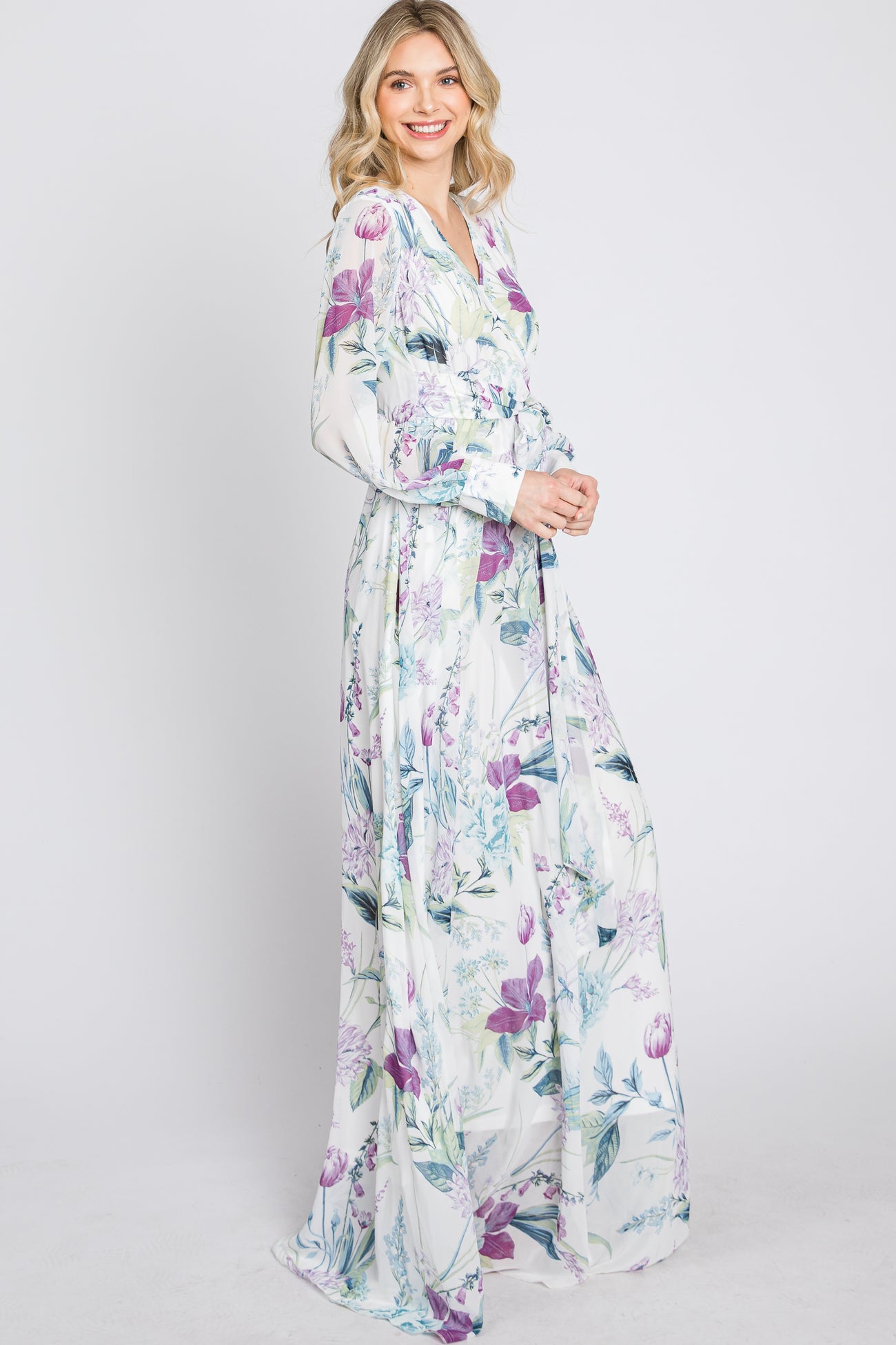 White Floral Chiffon Long Sleeve Pleated Maxi Dress