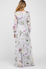 Lavender Floral Chiffon Long Sleeve Pleated Maternity Maxi Dress