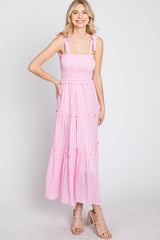 Pink Striped Smocked Shoulder Tie Midi Dress