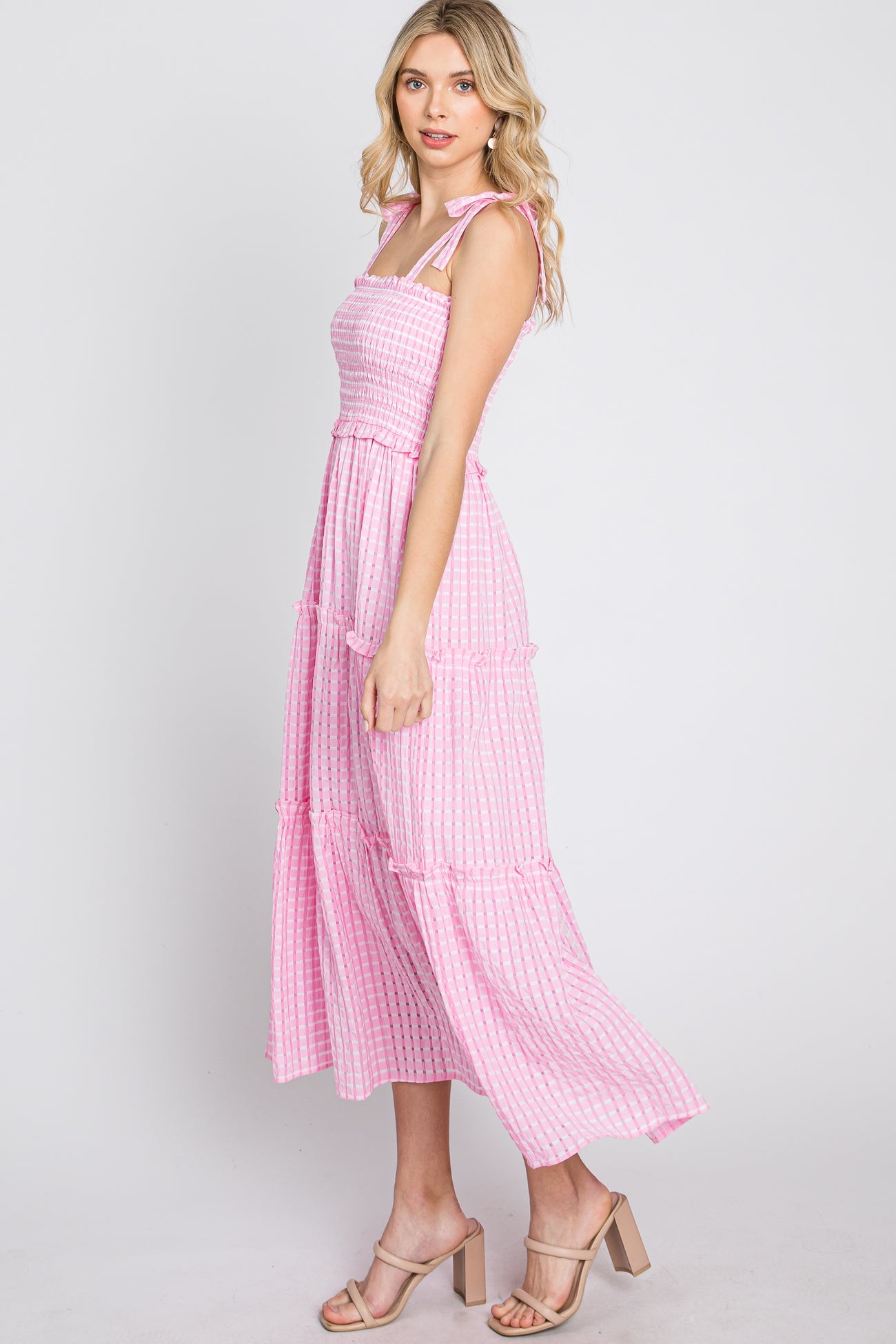 Pink Striped Smocked Shoulder Tie Midi Dress