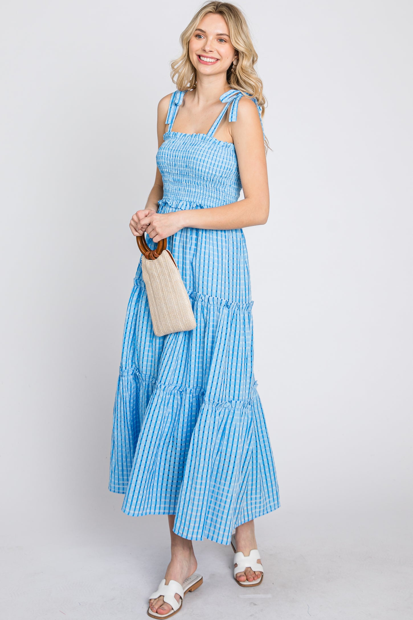 Blue Striped Smocked Shoulder Tie Midi Dress