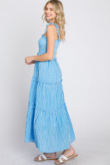 Blue Striped Smocked Shoulder Tie Midi Dress