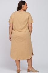 Camel Button Neck Round Hem Plus Dress
