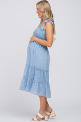 Blue Floral Sleeveless Smocked Tiered Maternity Midi Dress