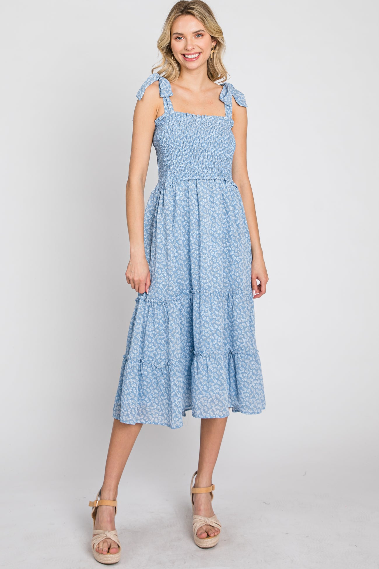 Blue Floral Sleeveless Smocked Tiered Maternity Midi Dress