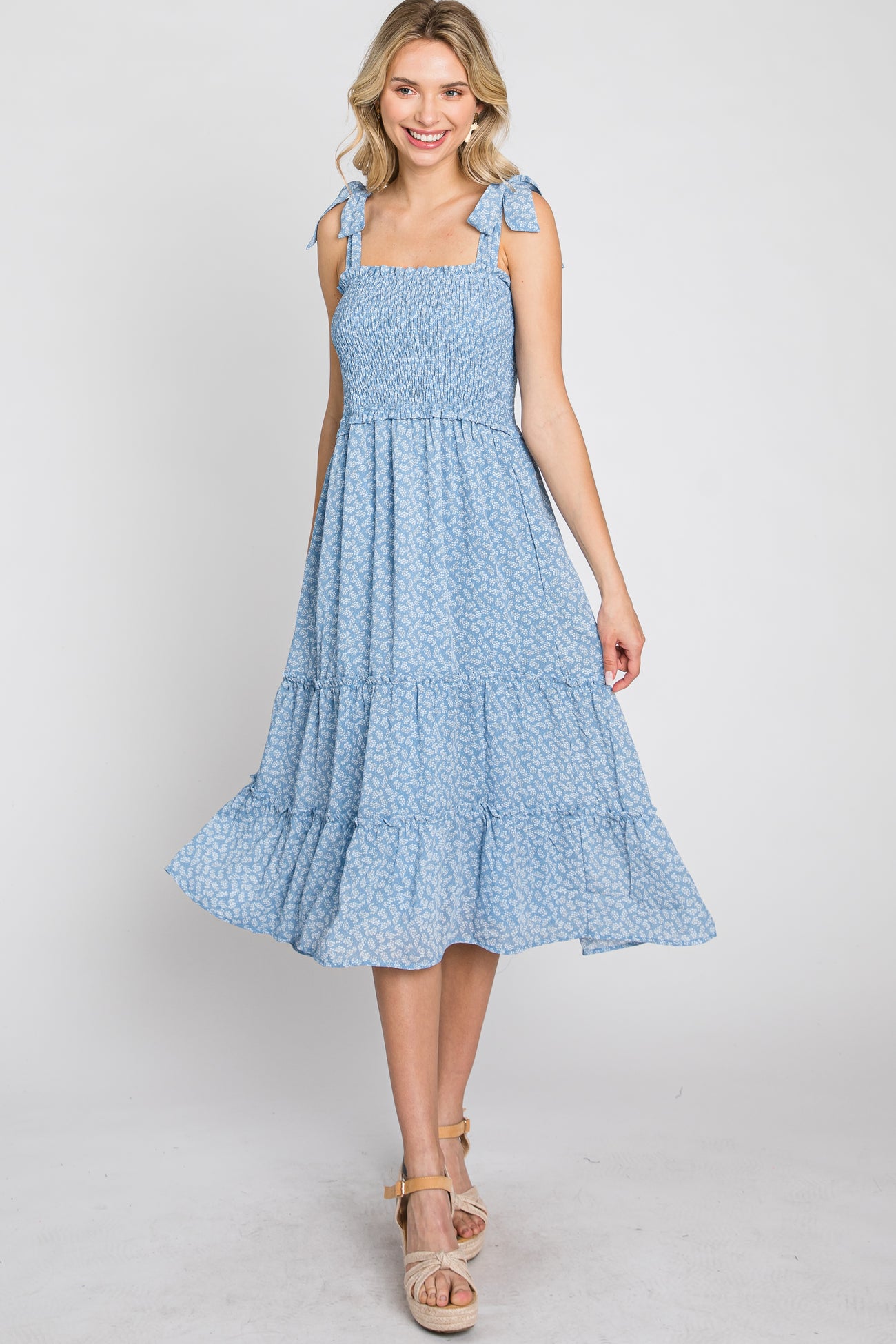 Blue Floral Sleeveless Smocked Tiered Midi Dress