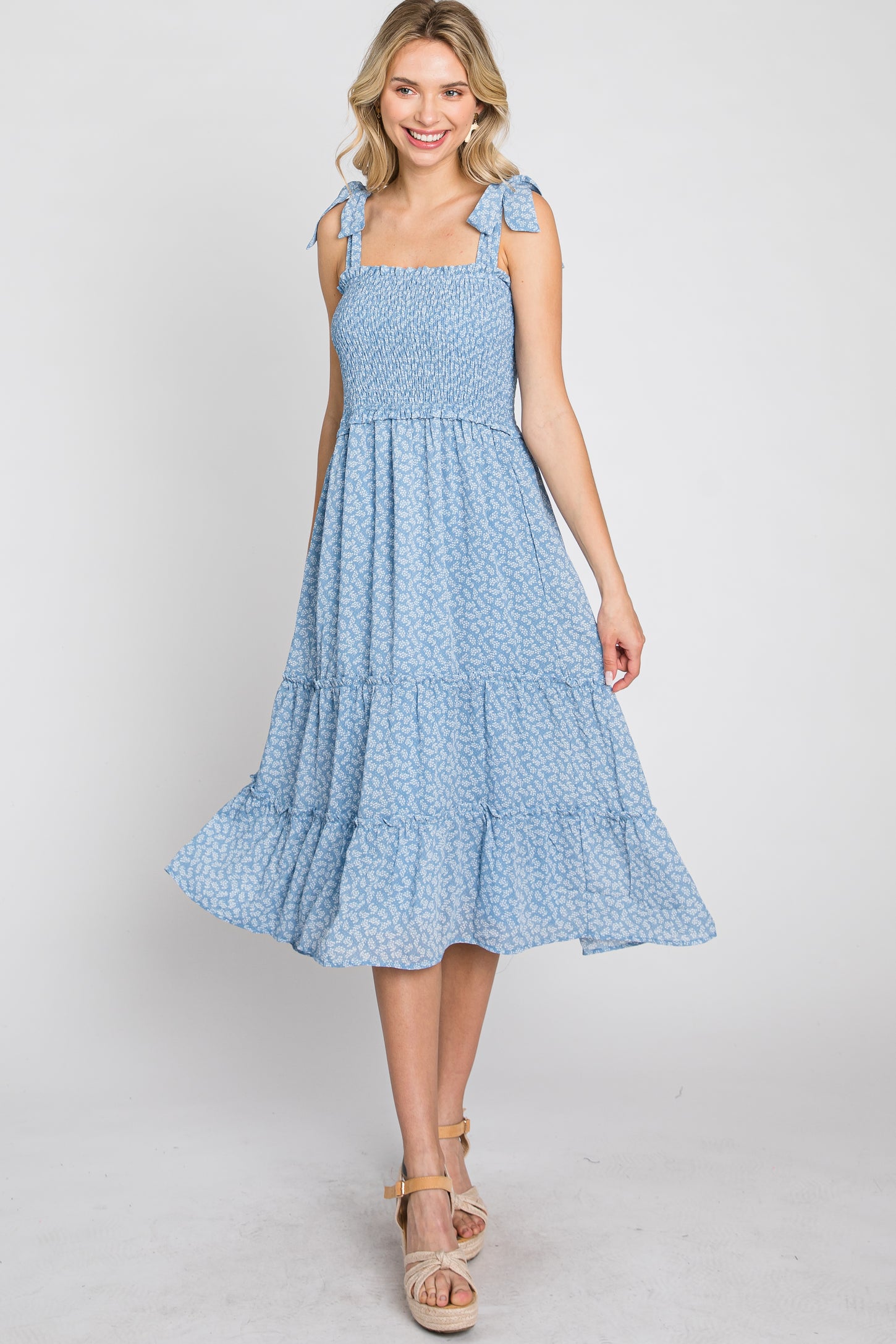 Blue Floral Sleeveless Smocked Tiered Midi Dress