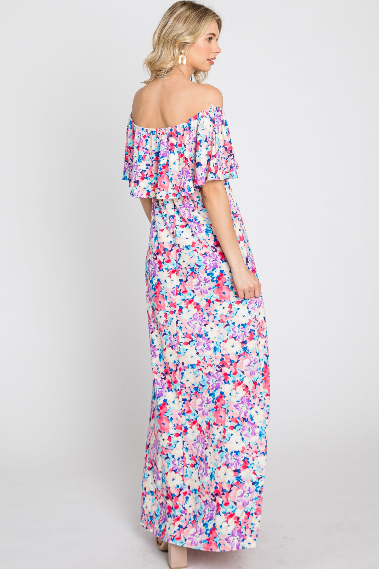 Pink Floral Off Shoulder Maxi Dress