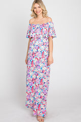 Pink Floral Off Shoulder Maxi Dress