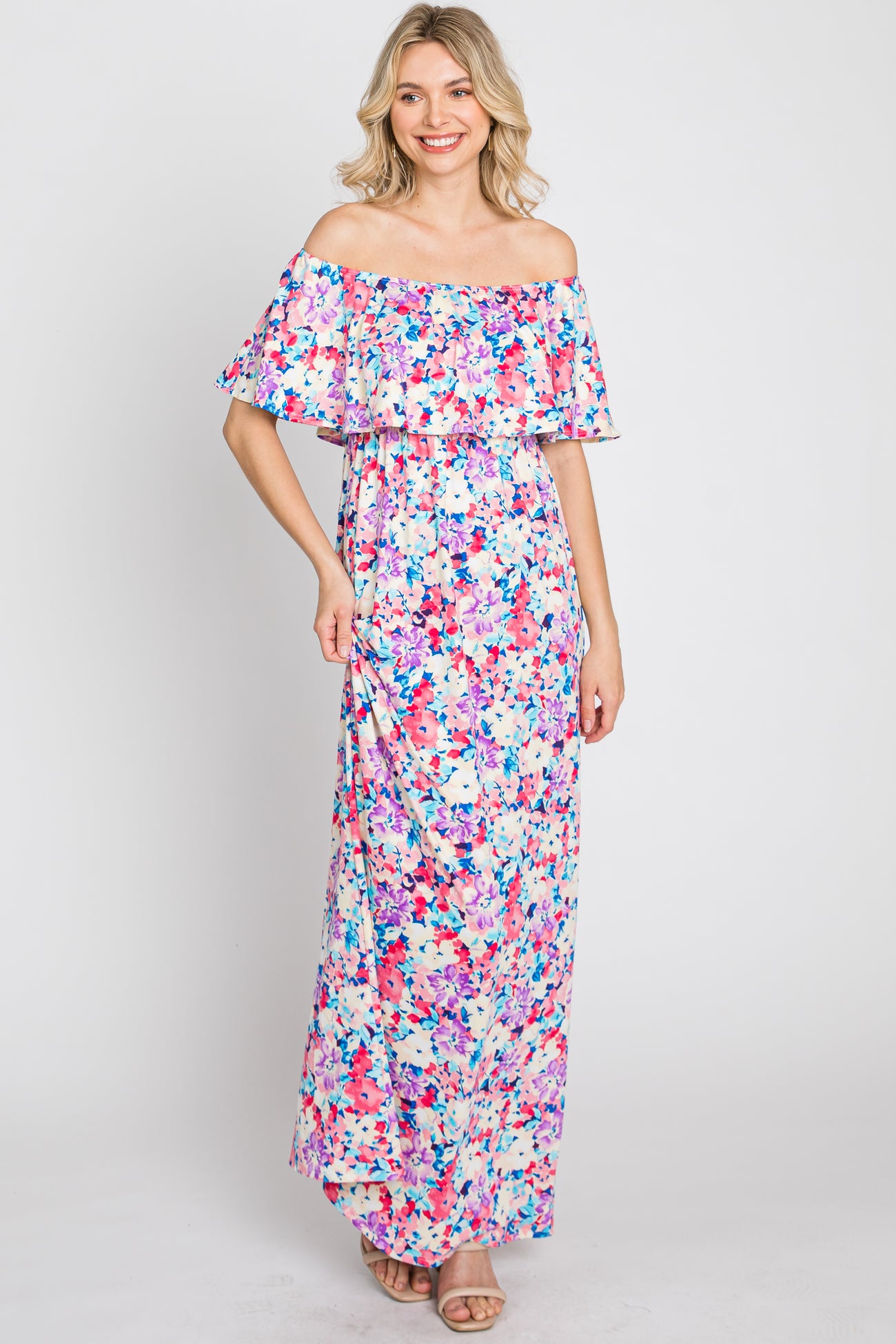 Pink Floral Off Shoulder Maxi Dress