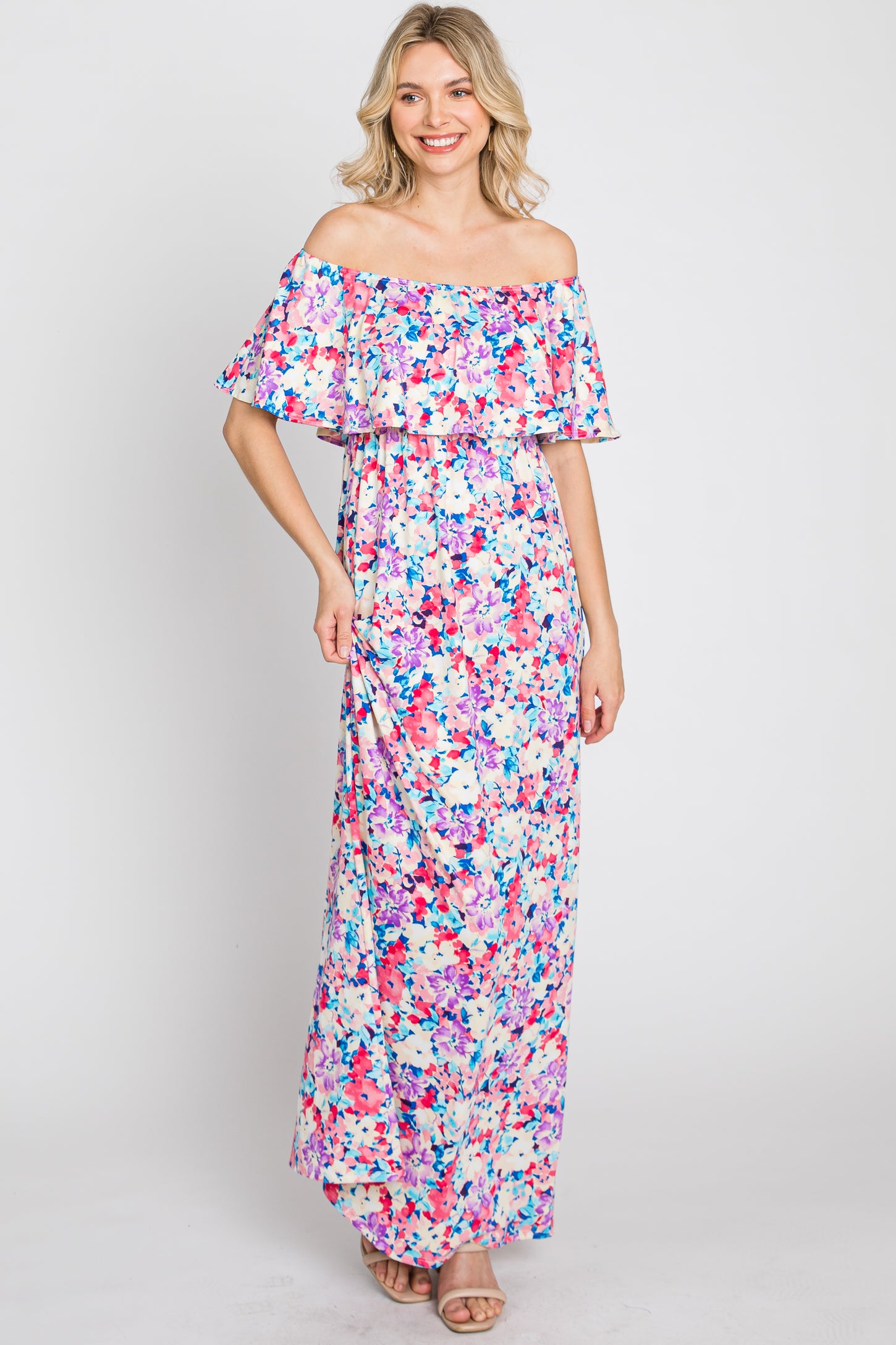 Pink Floral Off Shoulder Maxi Dress