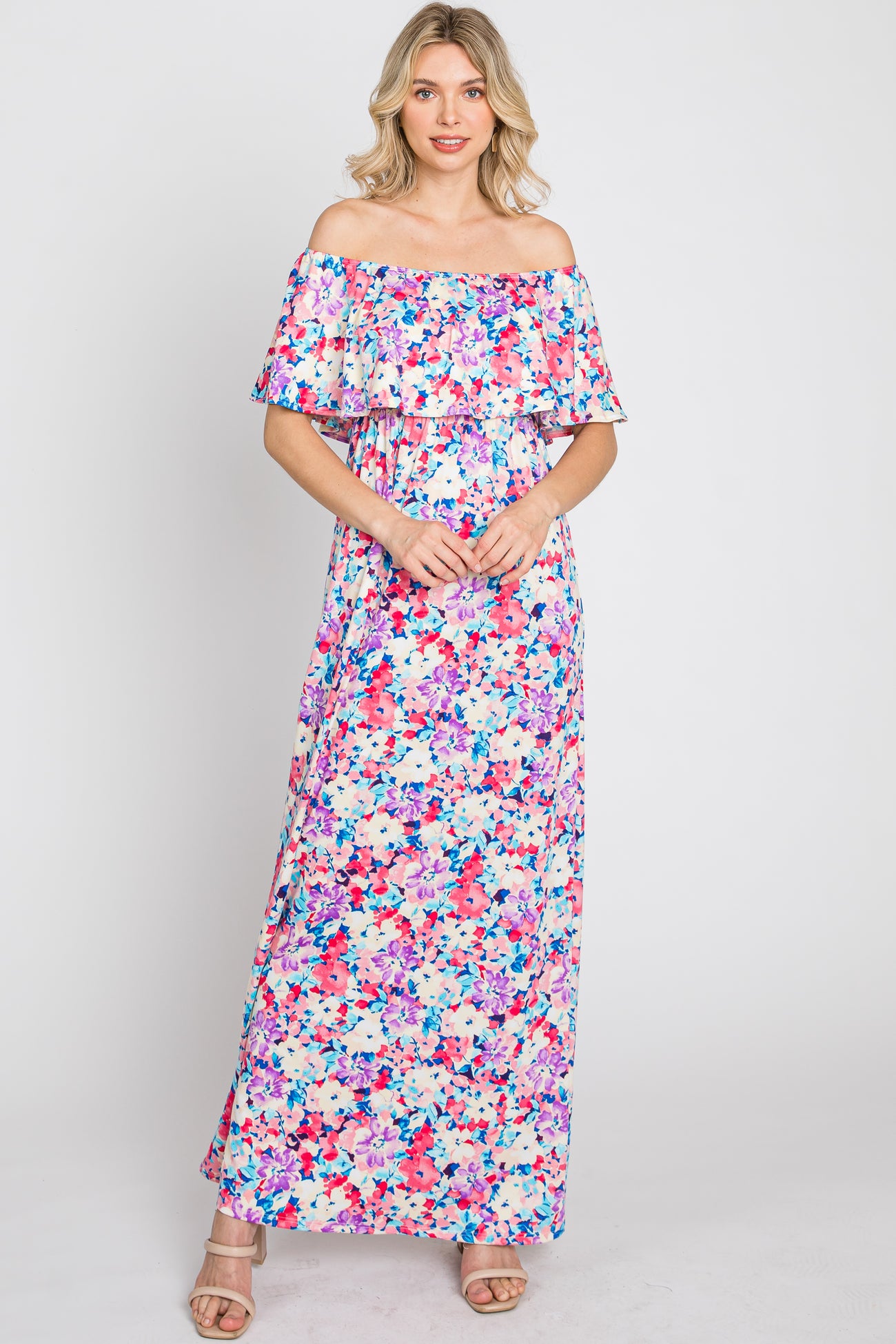 Pink Floral Off Shoulder Maxi Dress