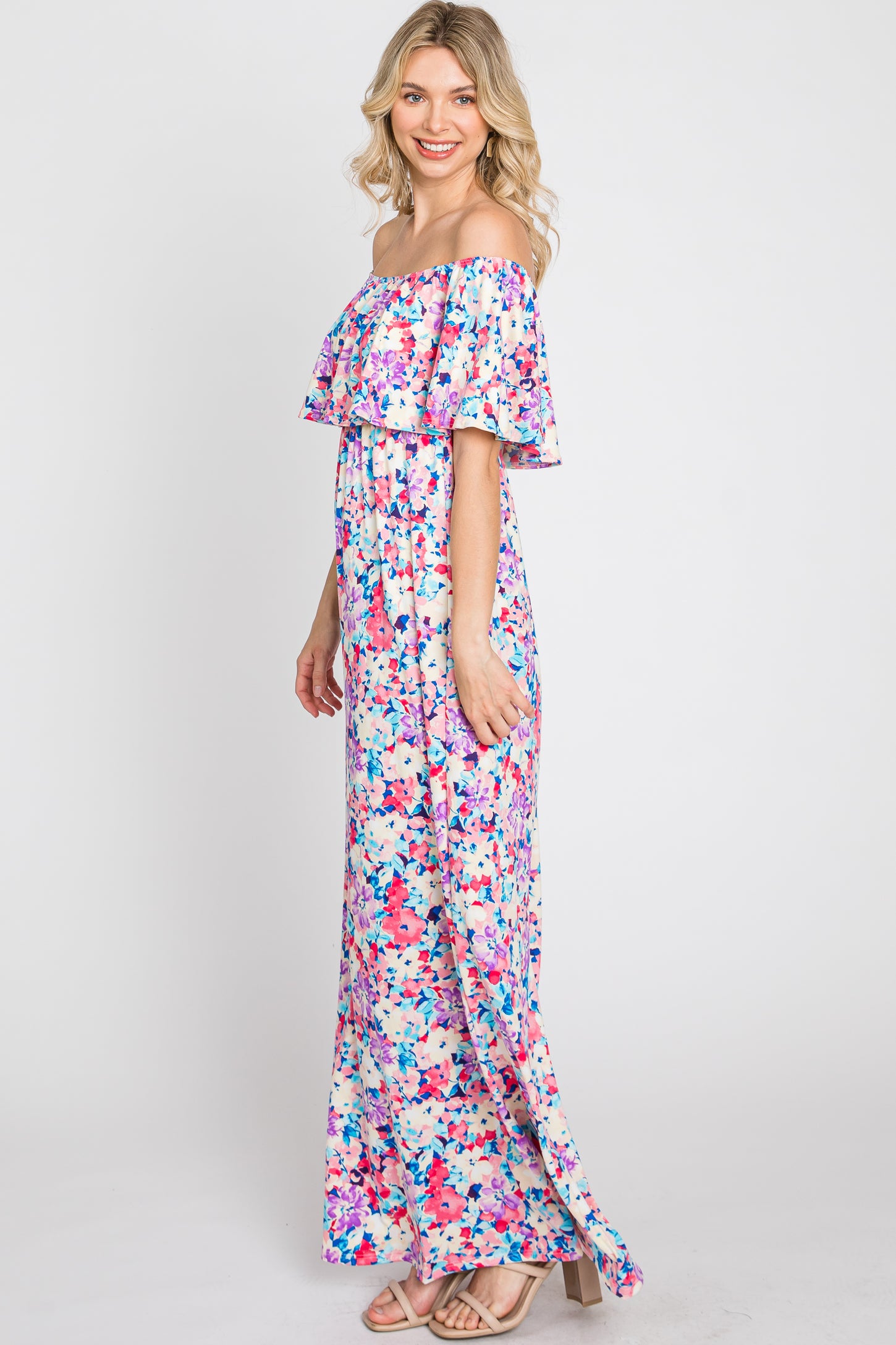 Pink Floral Off Shoulder Maxi Dress