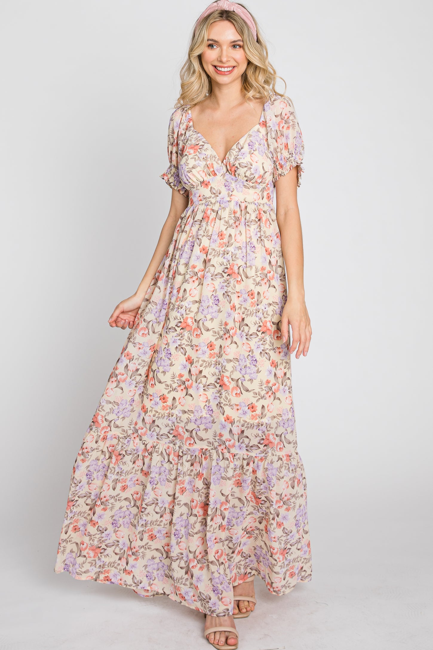 Cream Floral Sweetheart Neck Puff Sleeve Maxi Dress