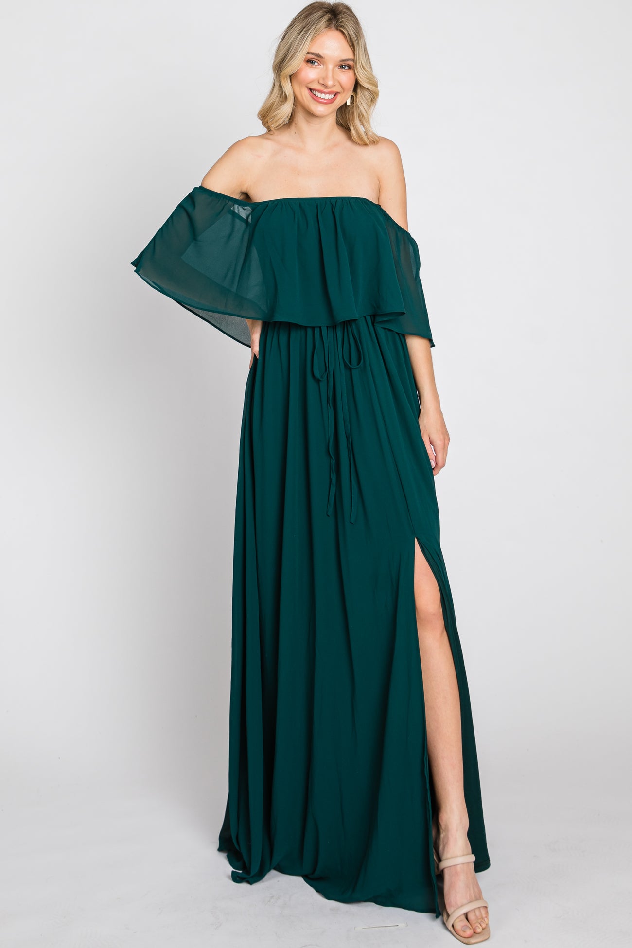 Emerald Green Chiffon Off Shoulder Maxi Dress