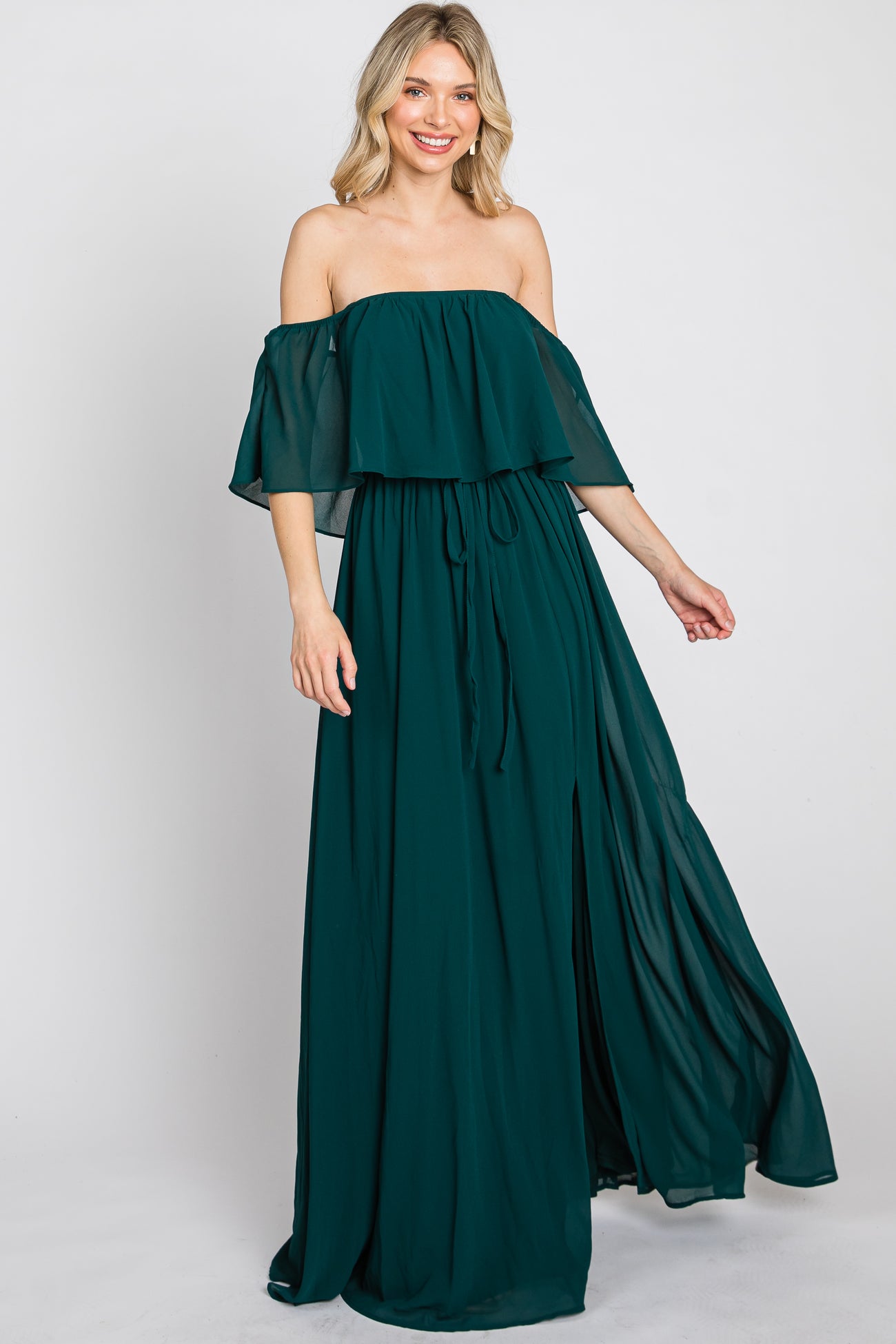 Emerald Green Chiffon Off Shoulder Maxi Dress