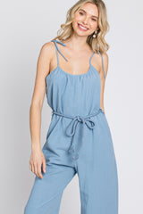 Blue Shoulder Tie Linen Jumpsuit