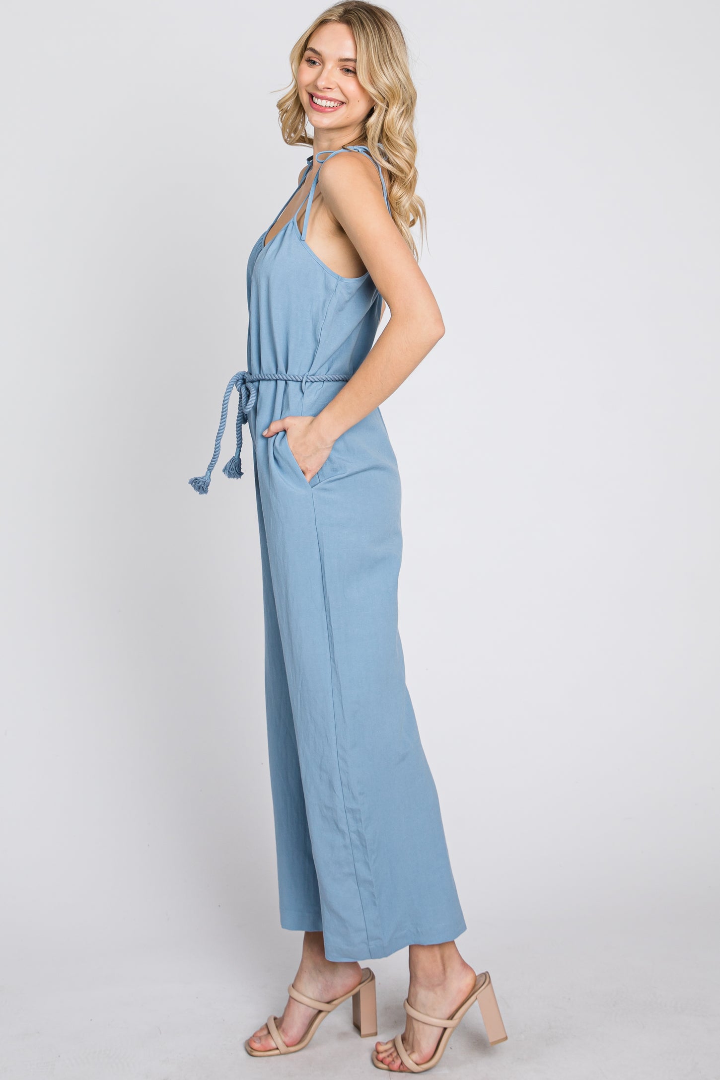 Blue Shoulder Tie Linen Jumpsuit