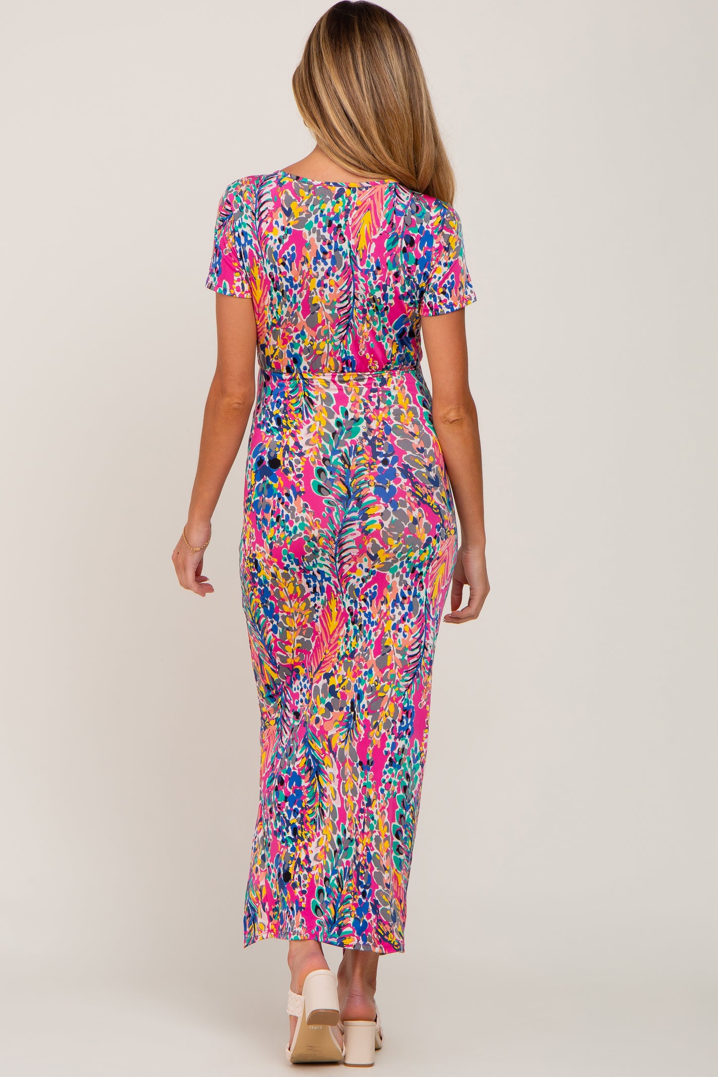 Fuchsia Multi-Color Floral Side Slit Maternity Maxi Dress