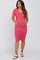 smiling pregnant woman in a pink short sleeve maternity dress with ruched sides and v-neckline