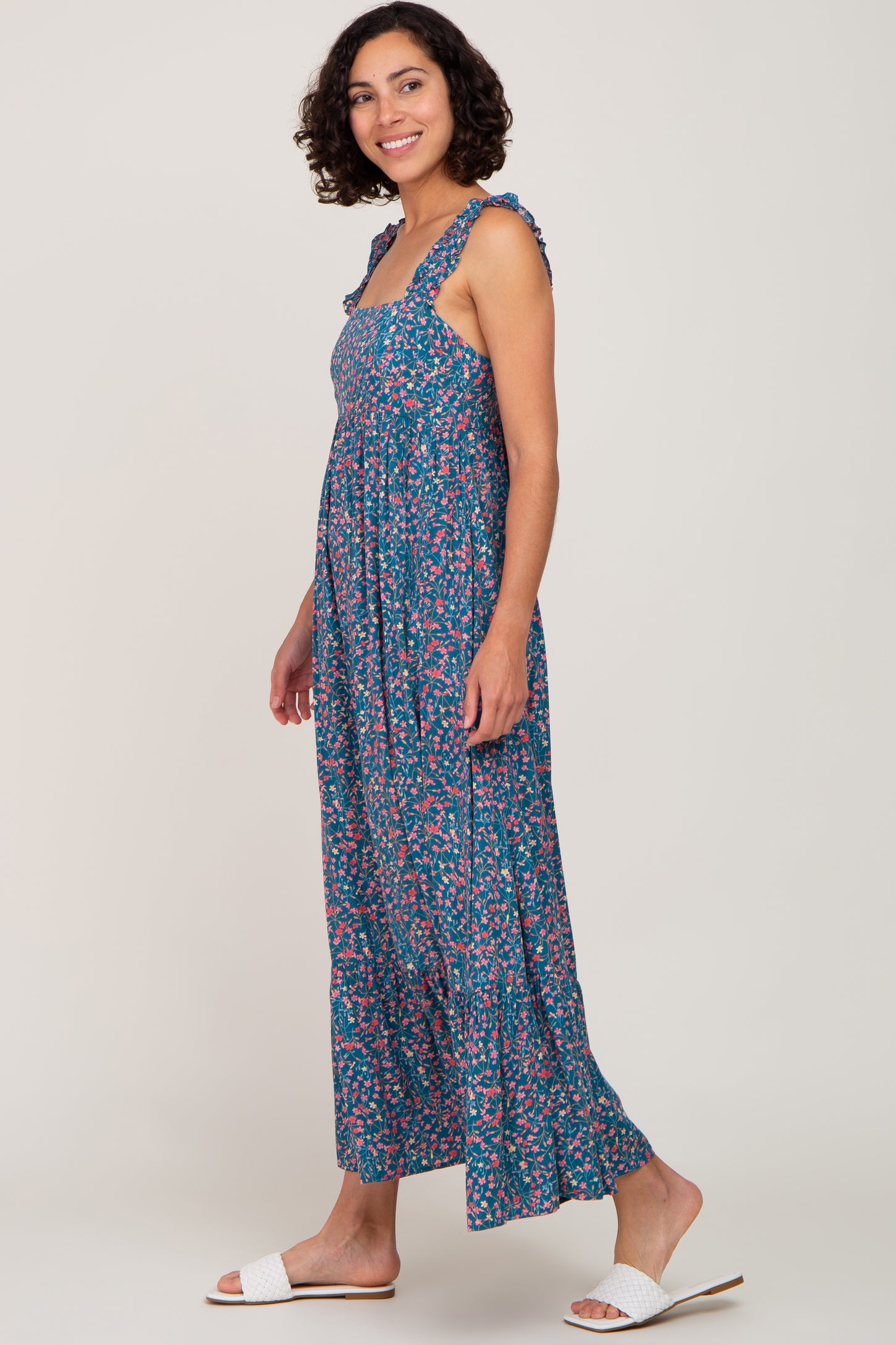 Dark Teal Floral Square Neck Ruffle Strap Back Tie Maxi Dress