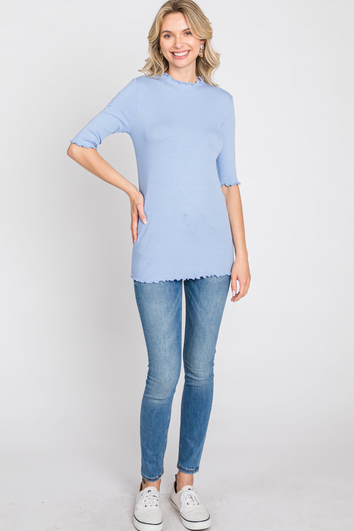 Light Blue Lettuce Hem Fitted Top