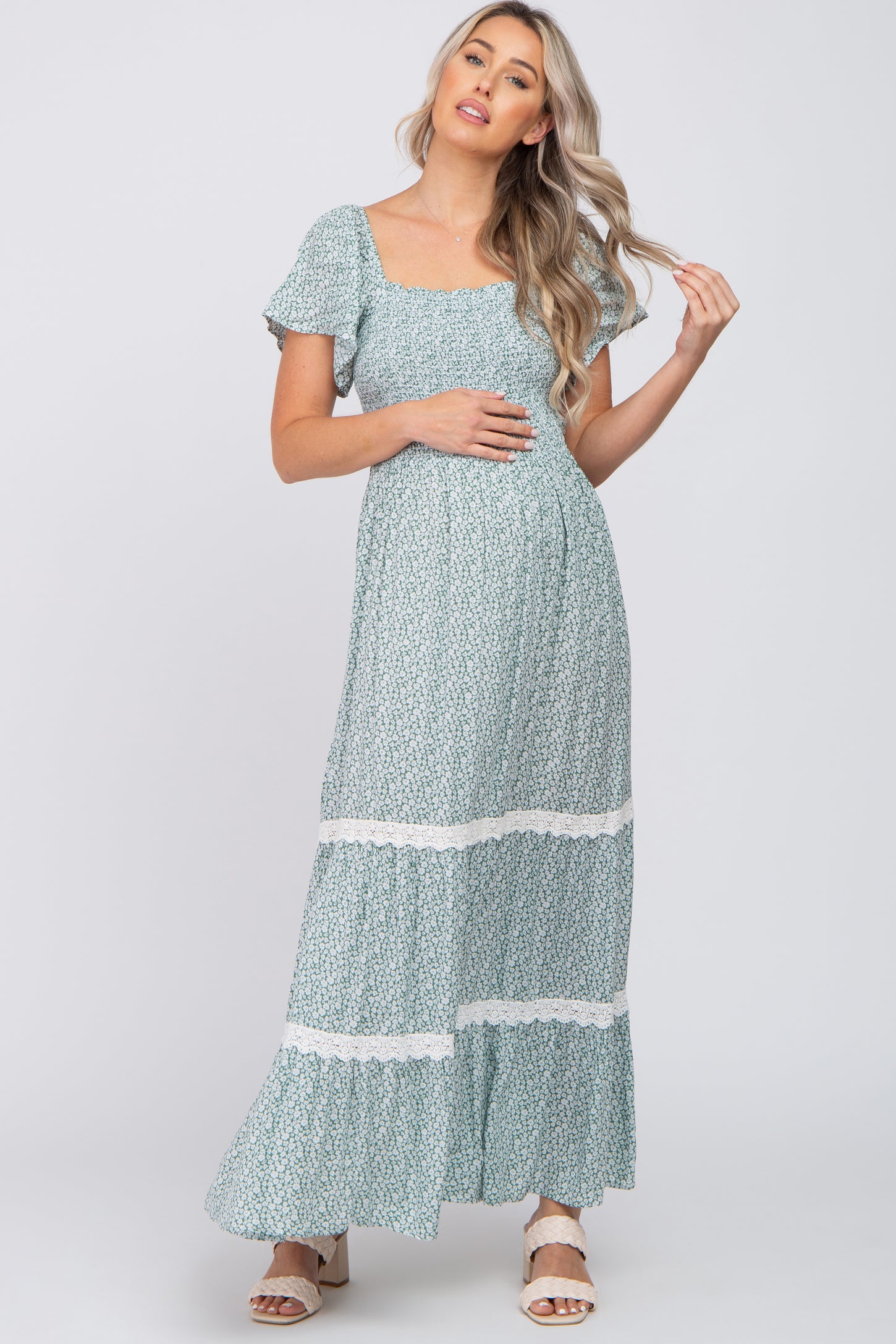 Green Floral Square Neck Smocked Front Lace Trim Maternity Maxi Dress