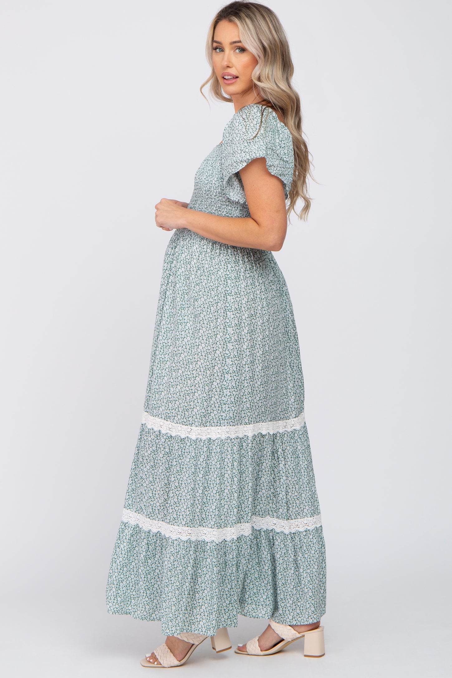 Green Floral Square Neck Smocked Front Lace Trim Maternity Maxi Dress