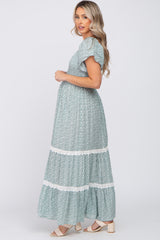 Green Floral Square Neck Smocked Front Lace Trim Maternity Maxi Dress