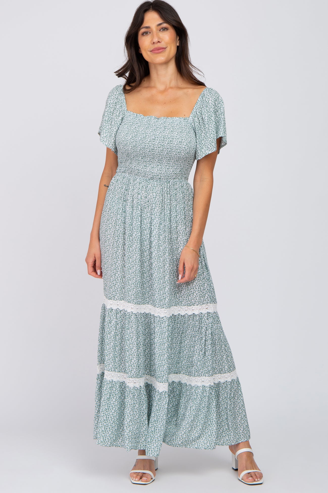 Green Floral Square Neck Smocked Front Lace Trim Maternity Maxi Dress