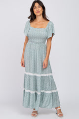Green Floral Square Neck Smocked Front Lace Trim Maternity Maxi Dress