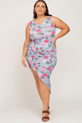 Blue Floral Ruched Asymmetrical Maternity Plus Midi Dress