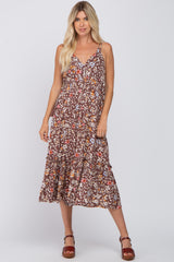 Brown Floral Empire Waist Ruffle Hem Maxi Dress