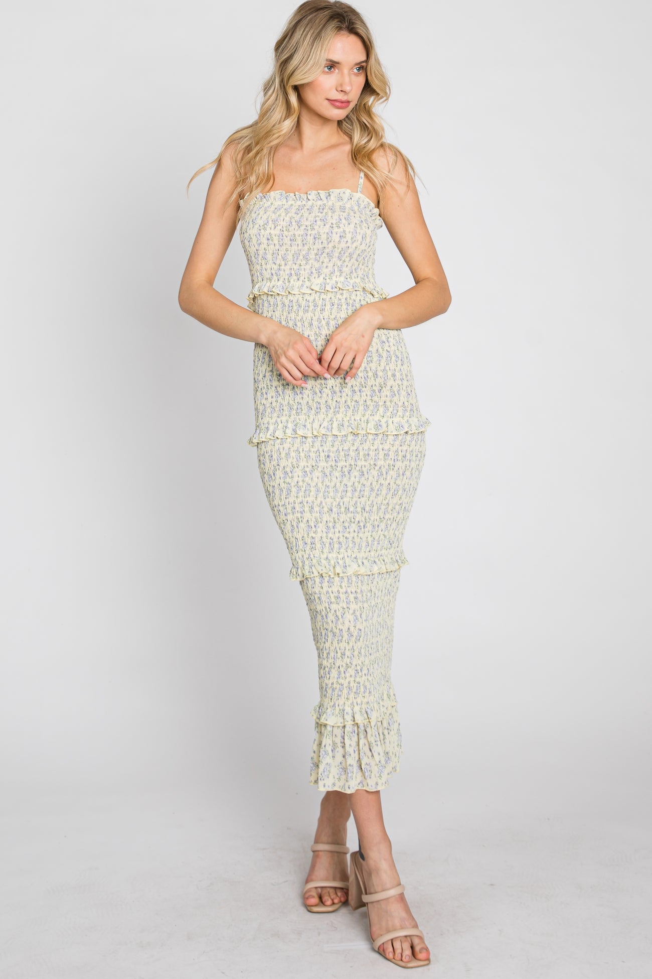 Yellow Floral Print Smocked Midi Dress