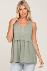 Light Olive Sleeveless Button Front Top