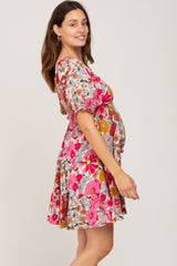 Fuchsia Floral Square Neck Ruffle Tiered Maternity Dress