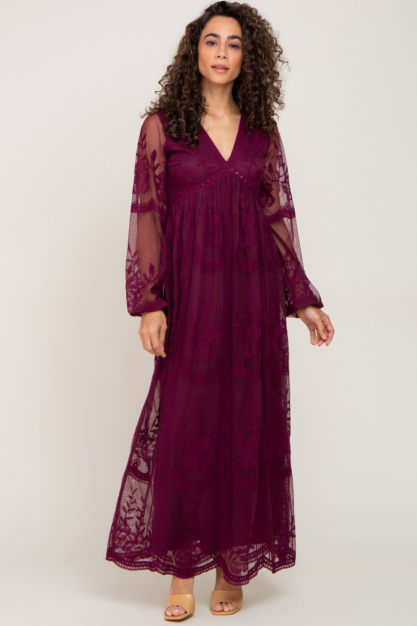 PinkBlush Burgundy Lace Mesh Long Sleeve Maternity Maxi Dress