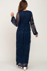 PinkBlush Navy Lace Mesh Overlay Long Sleeve Maxi Dress