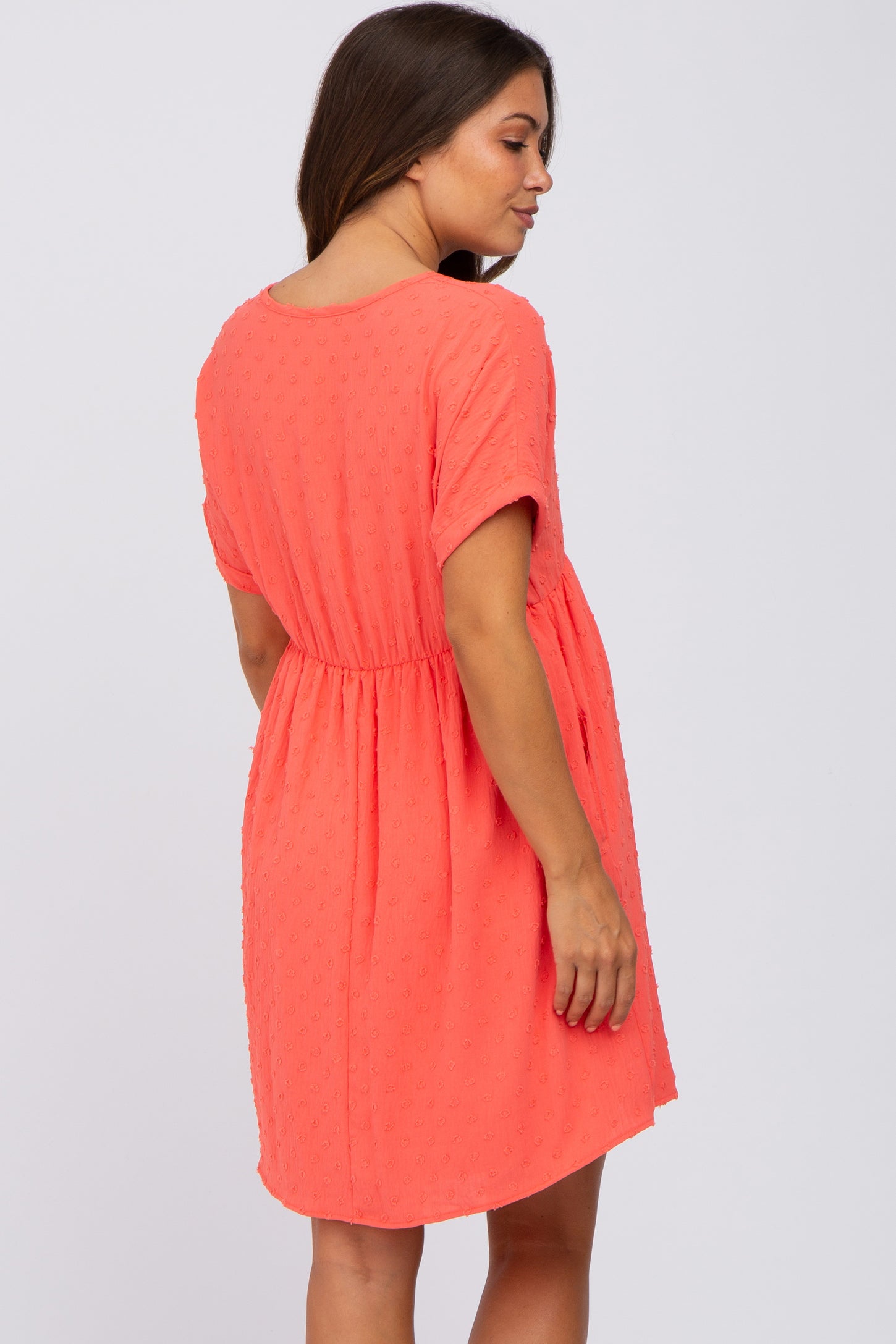 Coral Swiss Dot V-Neck Maternity Dress