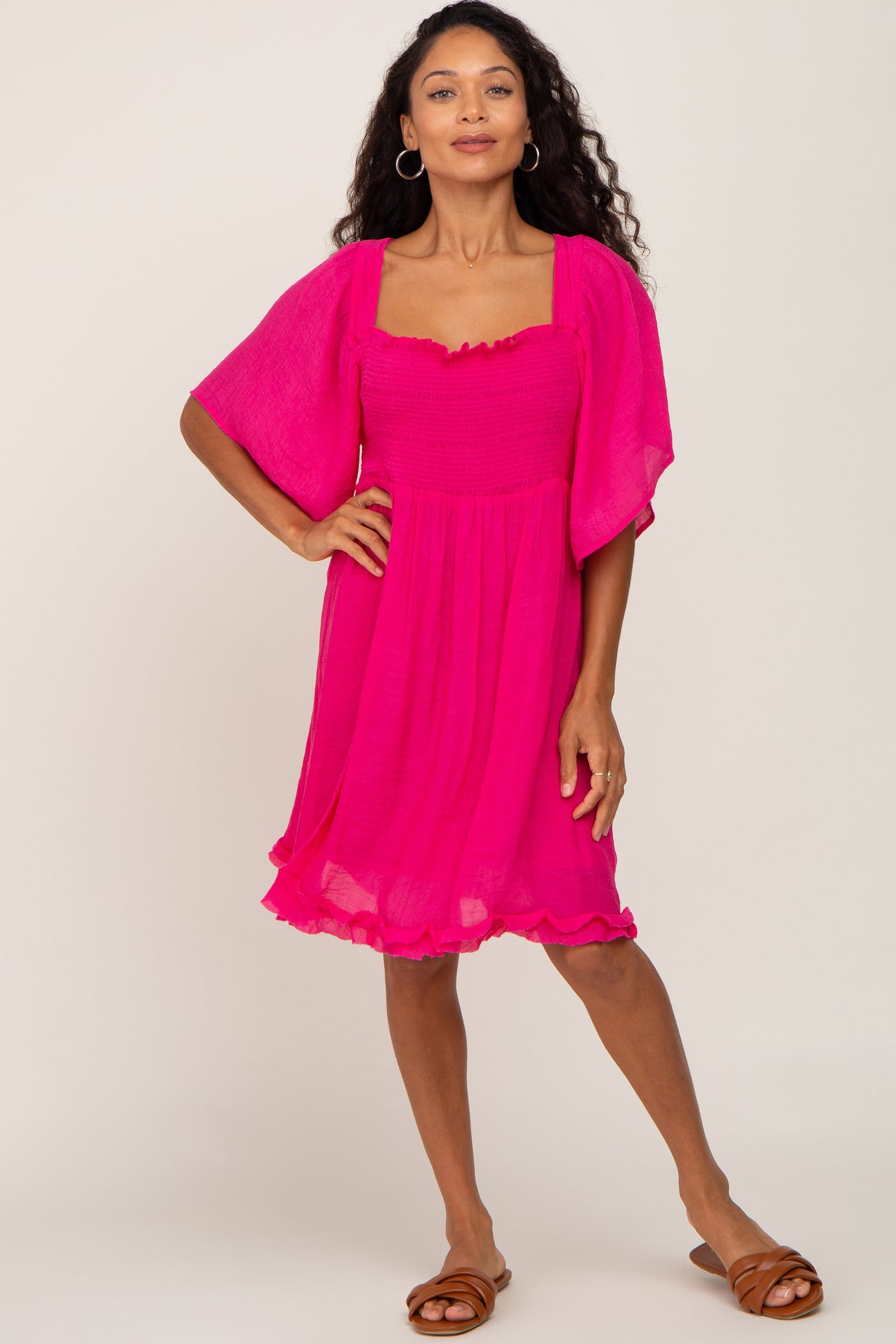 Fuchsia Smocked Short Sleeve Dress
