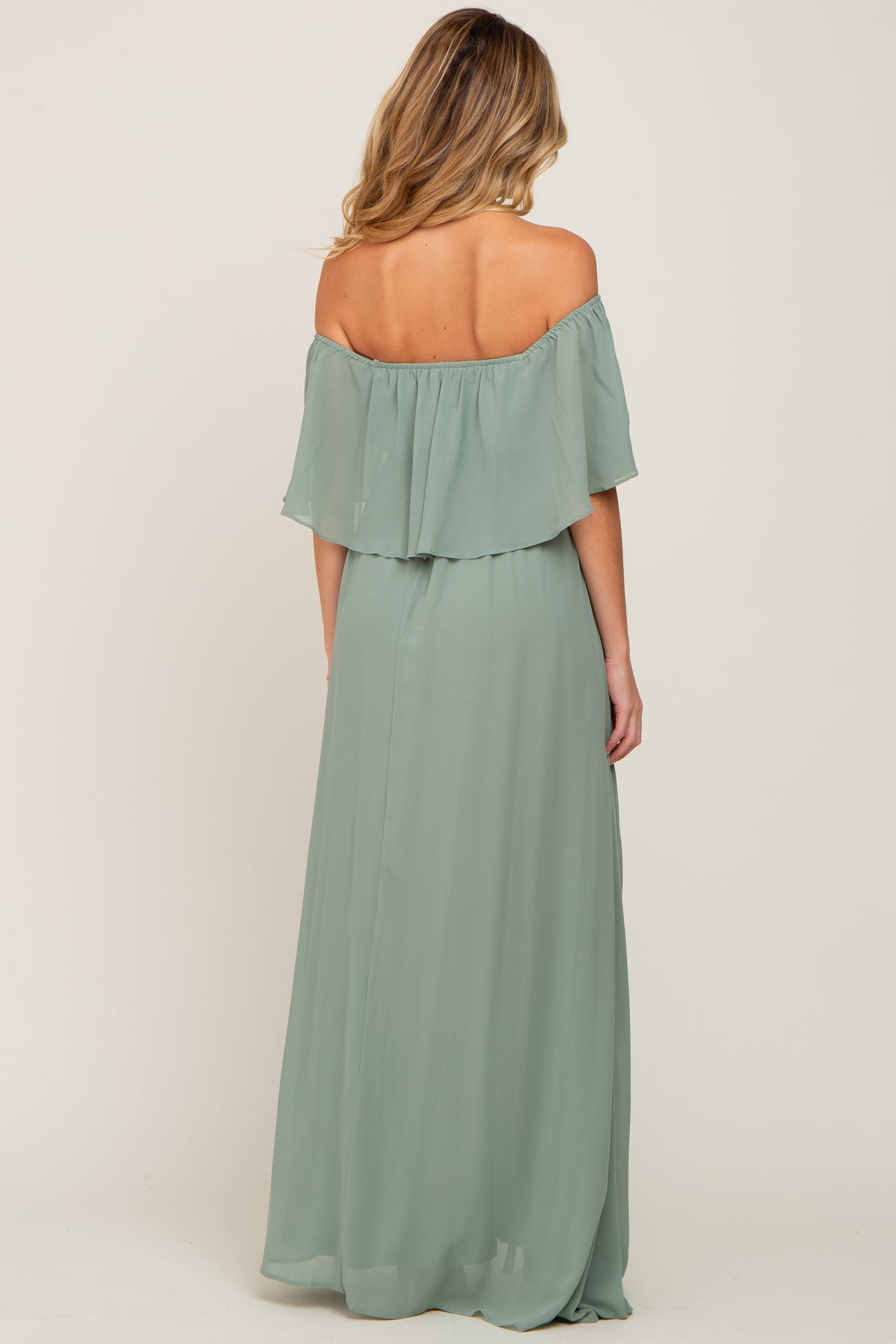 Light Olive Chiffon Off Shoulder Maternity Maxi Dress