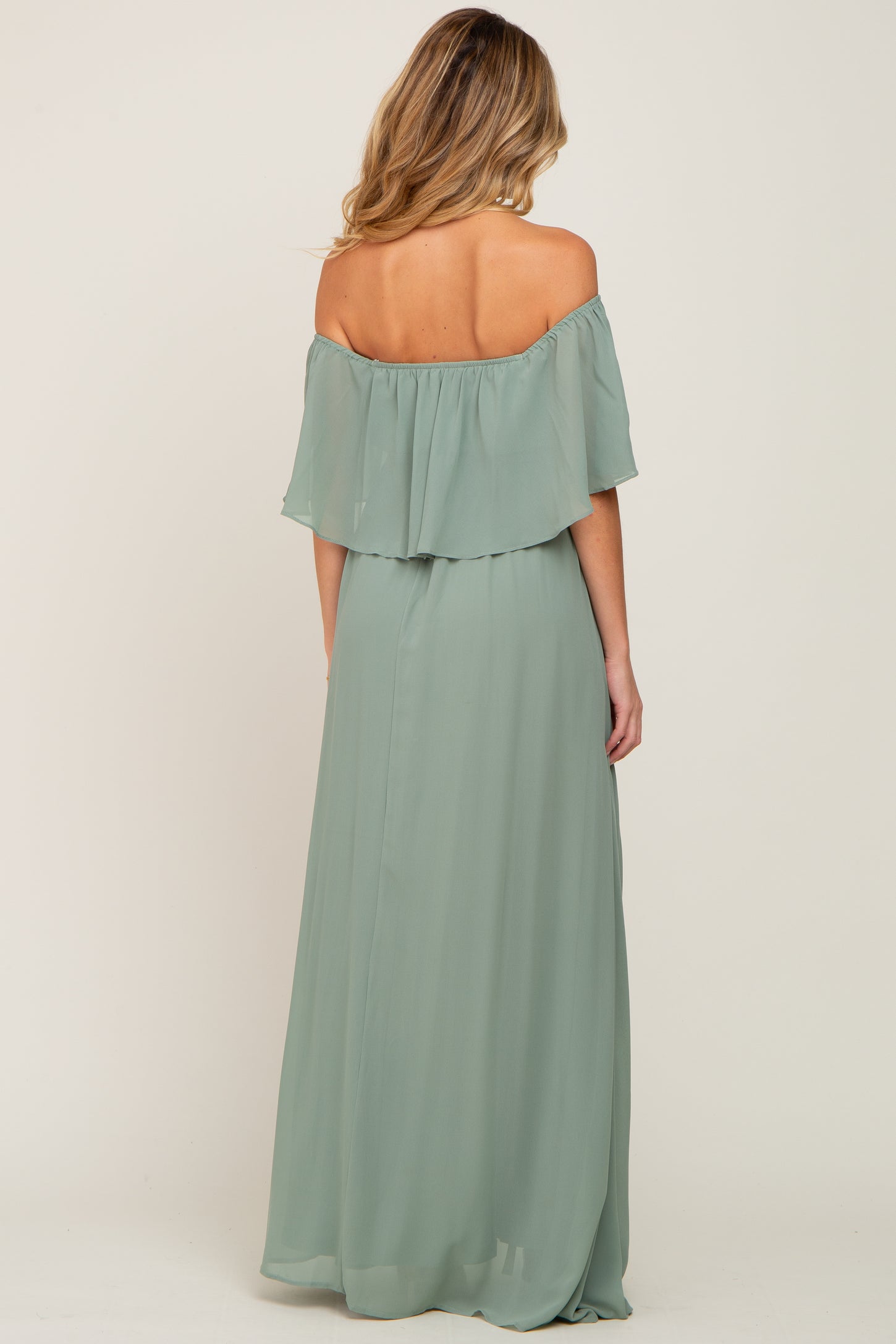 Light Olive Chiffon Off Shoulder Maternity Maxi Dress